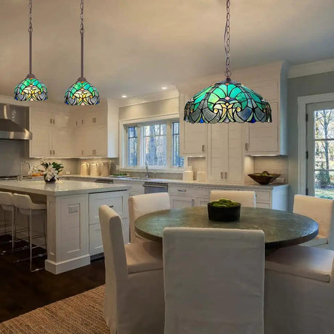Sea Green Tiffany Pendant Light With Stained Glass, 8 Inch Wide Victorian Style Hanging Lamp for kitchen over island