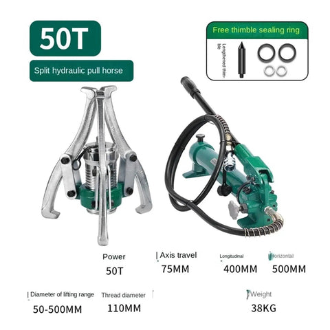 Heavy Duty Hydraulic Three-Jaw Puller Kit For Bearing And Pulley Removal, 50 ton output, green and silver components, Sku5