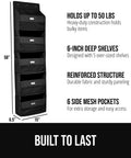 Heavy Duty Over The Door Organizer With Five Deep Hanging Shelves For Closet Shoe And Bathroom Vanity Storage Holds Fifty Pounds Rock Solid Dorm Life Upgrade Black on wall with dimensions shown.
