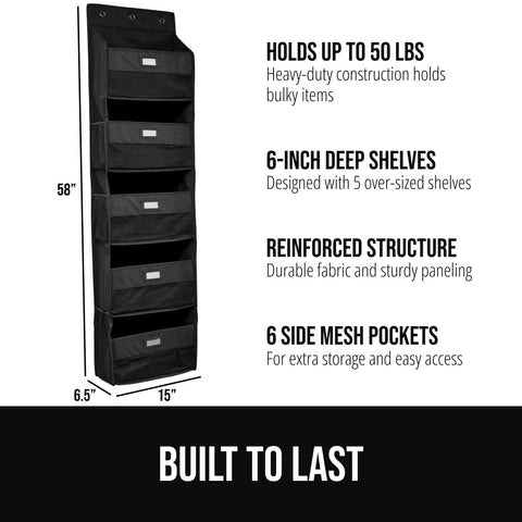 Heavy Duty Over The Door Organizer With Five Deep Hanging Shelves For Closet Shoe And Bathroom Vanity Storage Holds Fifty Pounds Rock Solid Dorm Life Upgrade Black on wall with dimensions shown.