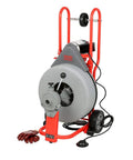Professional Heavy Duty Automatic Drain Cleaner That Handles Rough Plumbing Like A Champ Features Reliable Auto Feed And Five Eighths Inch Pigtail Cable Made In Usa on a red and gray drum.