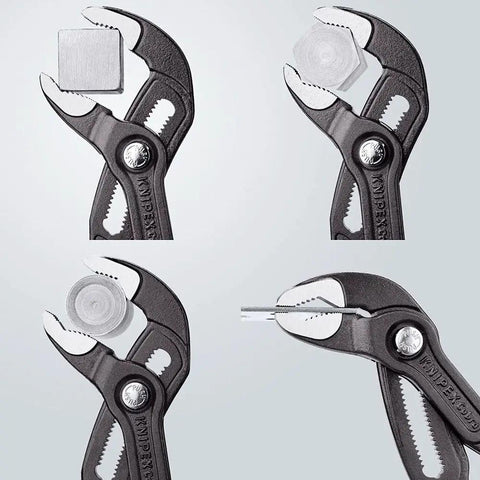 Cobra Water Pump Pliers With Seven And A Quarter Inch Length, V Jaw Style, Push Button Adjustment gripping various pipes
