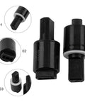 Hydraulic Soft Close Toilet Seat Dampers 2 Pack Emiif Rotary Torque Dampers, black, detailed views of left and right options.