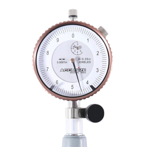 Dial bore gauge with 6-inch stem, white dial, bronze bezel; jeweled 0–0.05 in range, Accusize Industrial Tools