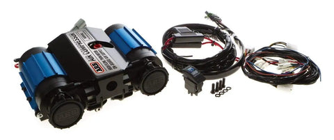 CKMTA12 12V On Board Twin High Flow Air Compressor with wiring loom and accessories for air lockers and heavy duty use.