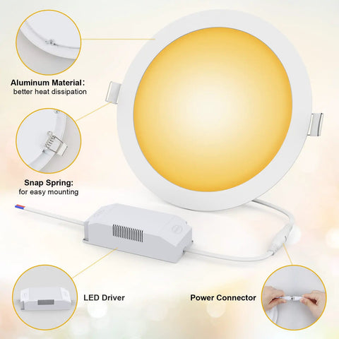Ultra Thin 7 Inch LED Recessed Pot Light Downlights 6 Pack Dimmable 18W Equivalent 135W 6000K Daylight 1800 Lumens No Brainer Install aluminum materials and snap spring features.