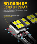 Close-up of 194 LED Bulbs 6000K White 14-SMD W5W T10 showcasing lifespan and heat dissipation features, highlighting aviation aluminum body.