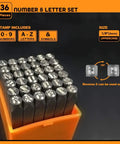 36 Piece Steel Metal Stamping Tool Set With Number And Letter Punches One Eighth Inch Three Millimeter Alloy Steel HRC 58 62 Jewelry Craft Stamping Kit For Metal And Leather Projects displayed in orange holder
