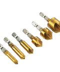 Top Tier 6 Piece Countersink Drill Bit Set With A Rock Hard Quarter Inch Hex Shank and Snappy 5 Flute Cutter displayed together.