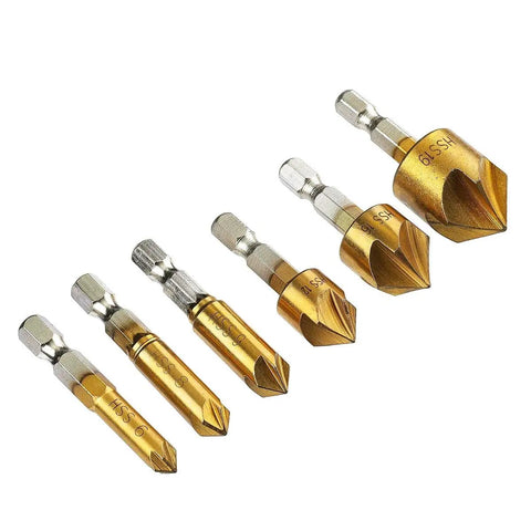 Top Tier 6 Piece Countersink Drill Bit Set With A Rock Hard Quarter Inch Hex Shank and Snappy 5 Flute Cutter displayed together.