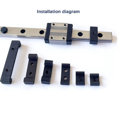 Two Pack Positioning Block Stopper For MGN12 Linear Rail Includes 1 M2 Hex Wrench Locks Stops And Prevents Slippage Of C Or H Type Bearing Carriage On Miniature Linear Sliding Guide Rail Easy Install And Secure Fit installation diagram with rail and stoppers