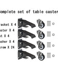 Retractable Workbench Casters With Quick Release Plate Four Pack includes brackets, casters, nuts, washers, screws for setup.
