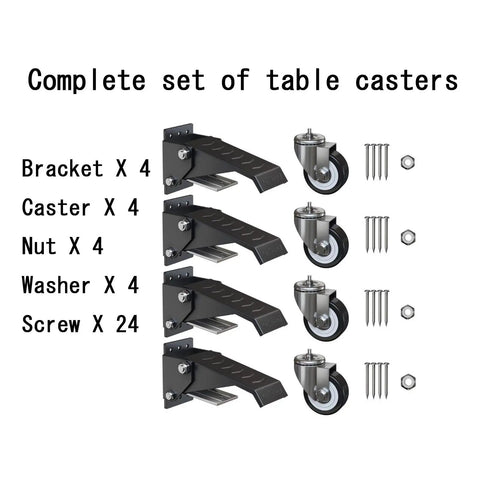 Retractable Workbench Casters With Quick Release Plate Four Pack includes brackets, casters, nuts, washers, screws for setup.