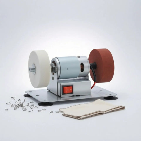 Pro Grade Dual Wheel Electric Bench Grinder on base with polishing and grinding wheels for metal fabrication.