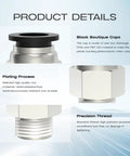 53 Piece Air Line Quick Connect Fittings Kit with black caps, nickel plating, precision thread, and material details.