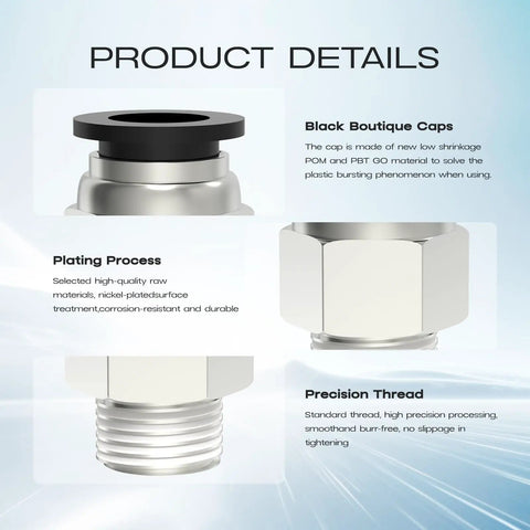 53 Piece Air Line Quick Connect Fittings Kit with black caps, nickel plating, precision thread, and material details.
