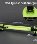 Two Pack Rechargeable LED Work Light Set, 3000 Lumens Portable Mechanic Light showing Type-C port and rotation angles