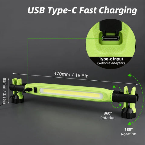 Two Pack Rechargeable LED Work Light Set, 3000 Lumens Portable Mechanic Light showing Type-C port and rotation angles