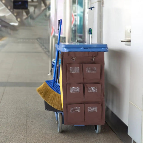 Large Capacity Janitorial Cart Bag With Leakproof Design For Hotels And Housekeeping Carts, attached to cleaning trolley