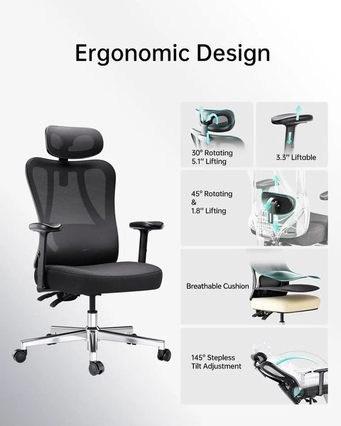 Ergonomic Office Chair With 2D Lumbar Support Adjustable Headrest And Liftable Armrests 145 Degree Stepless Tilt Black Mesh