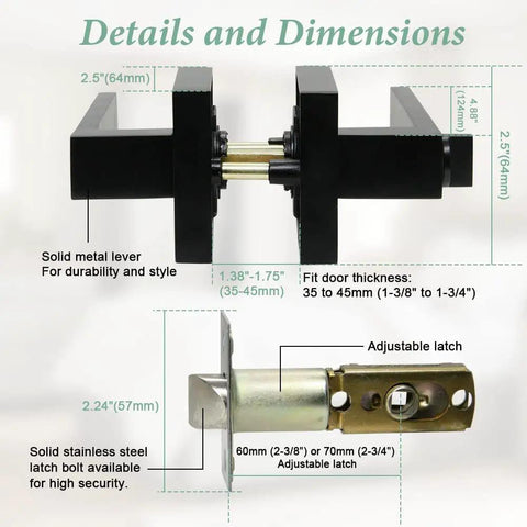 Matte Black Privacy Door Lever Lockset 5 Pack Keyless Interior Handle dimensions and features detailing metal lever and latch.