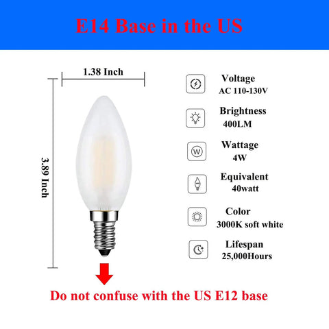 Brighten Up With This E14 LED Bulb 40W Equivalent 4W Dimmable European Base Soft White 3000K Frosted Glass Decorative Bulbs Pack Of 4 Energy Saving Lighting For Home And Lamps with dimensions and specifications shown.
