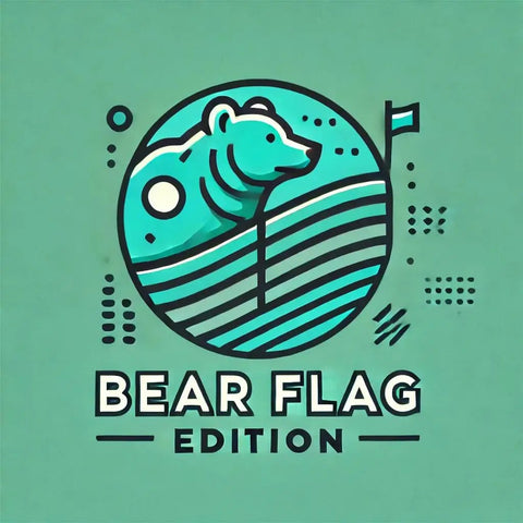 Illustration of a bear inside a circular design with waves, labeled 'BEAR FLAG EDITION' on a teal background.