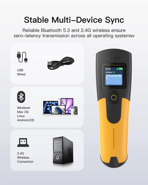 2D Wireless Barcode Scanner With 1.4 Inch TFT Screen Portable Bluetooth Barcode Reader 2600mAh Battery displayed with devices.