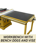 Heavy Duty 10 Inch Table Saw With Rolling Workbench, 50 Inch Rip Capacity, 5 Horsepower 3 Phase Motor, Digital Readout Plus Cast Iron Trunnion A Real Shop Beast with bench dogs and vise.