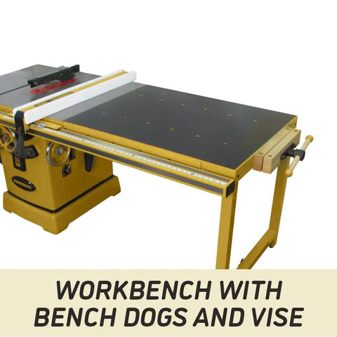 Heavy Duty 10 Inch Table Saw With Rolling Workbench, 50 Inch Rip Capacity, 5 Horsepower 3 Phase Motor, Digital Readout Plus Cast Iron Trunnion A Real Shop Beast with bench dogs and vise.