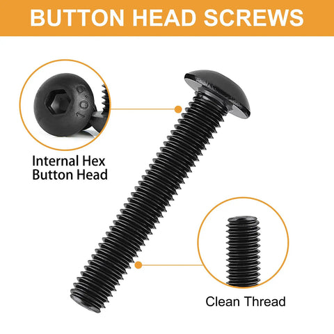 288 Piece Metric Fastener Kit With M6 M8 Button Head Hex Socket Cap Screws Bolts Nuts And Washers In Grade 10 9 Alloy Steel Black Oxide Fully Threaded Built To Last For DIY Furniture Repairs And Small Mechanical Projects, close-up of internal hex button head and clean thread.