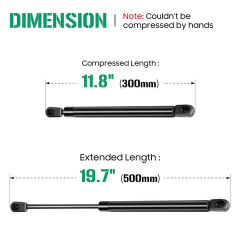 Diagram shows Beefy Yet Reliable 20 Inch 40 Lbs Gas Spring Struts Prop Shocks with compressed length 11.8" and extended length 19.7"