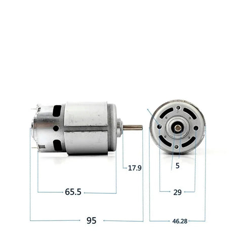Supercharged 775 DC Motor Rated For 18V To 24V With Precision Front Ball Bearings shown with dimensions.