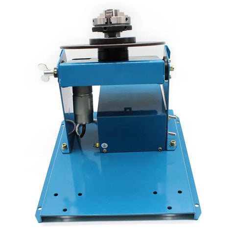 3 Jaw Rotary Welding Positioner Turntable With 2.5 Inch Mini Lathe Chuck 110V Plug And Play Setup, featuring blue metal frame.