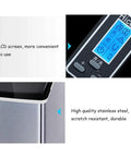 Portable Countertop Ice Maker Dropping Fresh Cubes Fast With A Clear Viewing Window Crafted From Safe ABS Plastic Ideal For weekend rager prep bar setups and lazy couch chill sessions turning out fifty five pounds every day, featuring LCD screen and stainless steel frame.