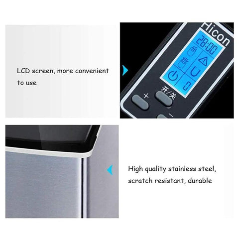 Portable Countertop Ice Maker Dropping Fresh Cubes Fast With A Clear Viewing Window Crafted From Safe ABS Plastic Ideal For weekend rager prep bar setups and lazy couch chill sessions turning out fifty five pounds every day, featuring LCD screen and stainless steel frame.