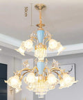 Showstopper European Double Crystal Ceiling Pendant Light With Warm Led Glow And Adjustable Chain For Living Rooms, featuring gold accents and floral glass shades.
