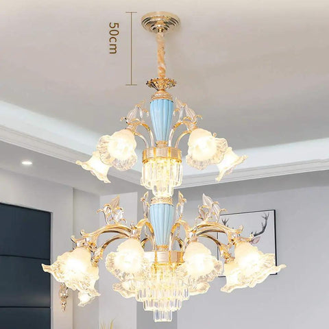 Showstopper European Double Crystal Ceiling Pendant Light With Warm Led Glow And Adjustable Chain For Living Rooms, featuring gold accents and floral glass shades.
