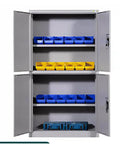 Extra Tall Metal Tool Cabinet With Lockable Two Door Steel Design, Large Capacity Heavy Duty Storage For Garage, Basement, Workshop And Warehouse, Keeps Tools Neat, Secure, And Easy To Access For Garage Pros. Open gray steel cabinet with shelves and bins