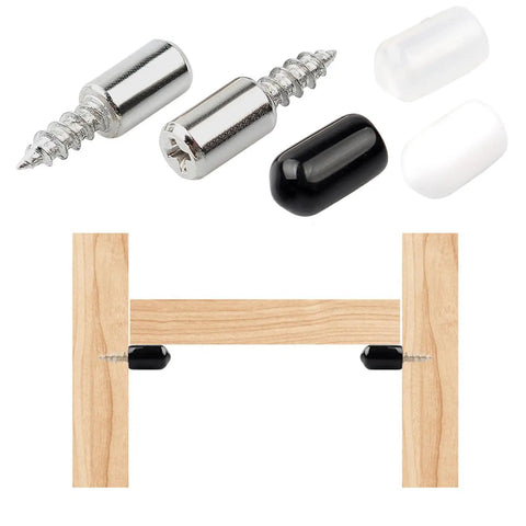 Heavy Duty Brass Shelf Pegs Set 20 Pieces Bookcase Pins With Integrated Tapping Screws and caps on wooden frame