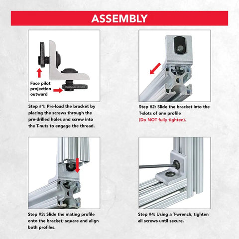 Assembly steps for Beefy Two Hole Inside Corner Bracket for T Slot Aluminum Extrusions, 90 Degree Angle Clamp, 10 Series Profiles, Anodized