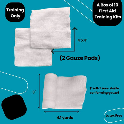 Box Of 10 Basic First Aid Training Kits With Gauze Roll And Gauze Pads, Large Vinyl Gloves For Classroom Or Workplace Safety Training And Grab And Go Injury Response with gauze pads and roll shown.