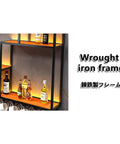 Rustic Industrial Led Wall Mounted Metal Wine Bar Dope Three Tier Bottle Storage Rack For Kitchen And Living Room Decor with a wrought iron frame.