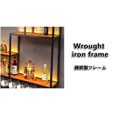 Rustic Industrial Led Wall Mounted Metal Wine Bar Dope Three Tier Bottle Storage Rack For Kitchen And Living Room Decor with a wrought iron frame.