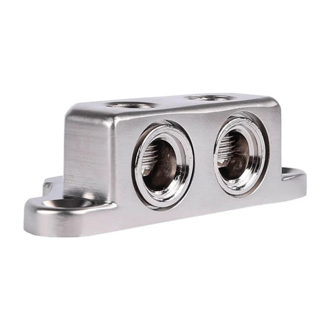 Beefy Ground Termination Block With Highly Conductive Zinc Alloy Three Mounting Points Two Five Millimeter Hex Set Screws And Two Reducers From One Zero To Four Gauge For Auto Audio System Wiring, angled view