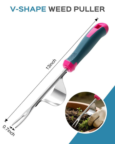 Stainless Steel Weed Puller Tool With Leverage Base And V Shaped Forks For Deep Root Removal And Easy Weeding Ergonomic Soft Grip Hand Weeder
