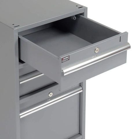 Top Shelf Heavy Duty Shop Workbench Featuring Rock Solid Steel Frame With Butter Smooth Dual Three Drawer Pedestal and Resilient Square Edge Laminate Top In Sleek Gray For Garage Projects - open drawer detail
