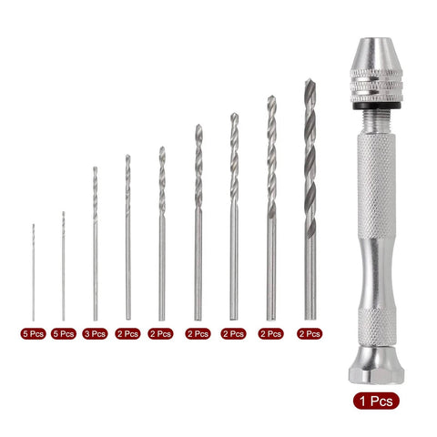Deluxe Tiny But Mighty Drill Bit Set For Precision Work Nine Size Pin Vise Hand Bits From 0.5mm To 3.0mm displayed with pin vise