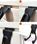 Four views of black steel slatwall hooks installed on 3-inch slat wall, part of Eight Pack Slatwall Hooks Heavy Duty Garage Organizer.