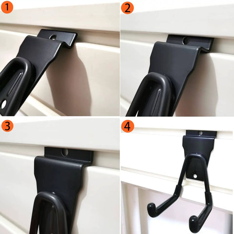 Four views of black steel slatwall hooks installed on 3-inch slat wall, part of Eight Pack Slatwall Hooks Heavy Duty Garage Organizer.
